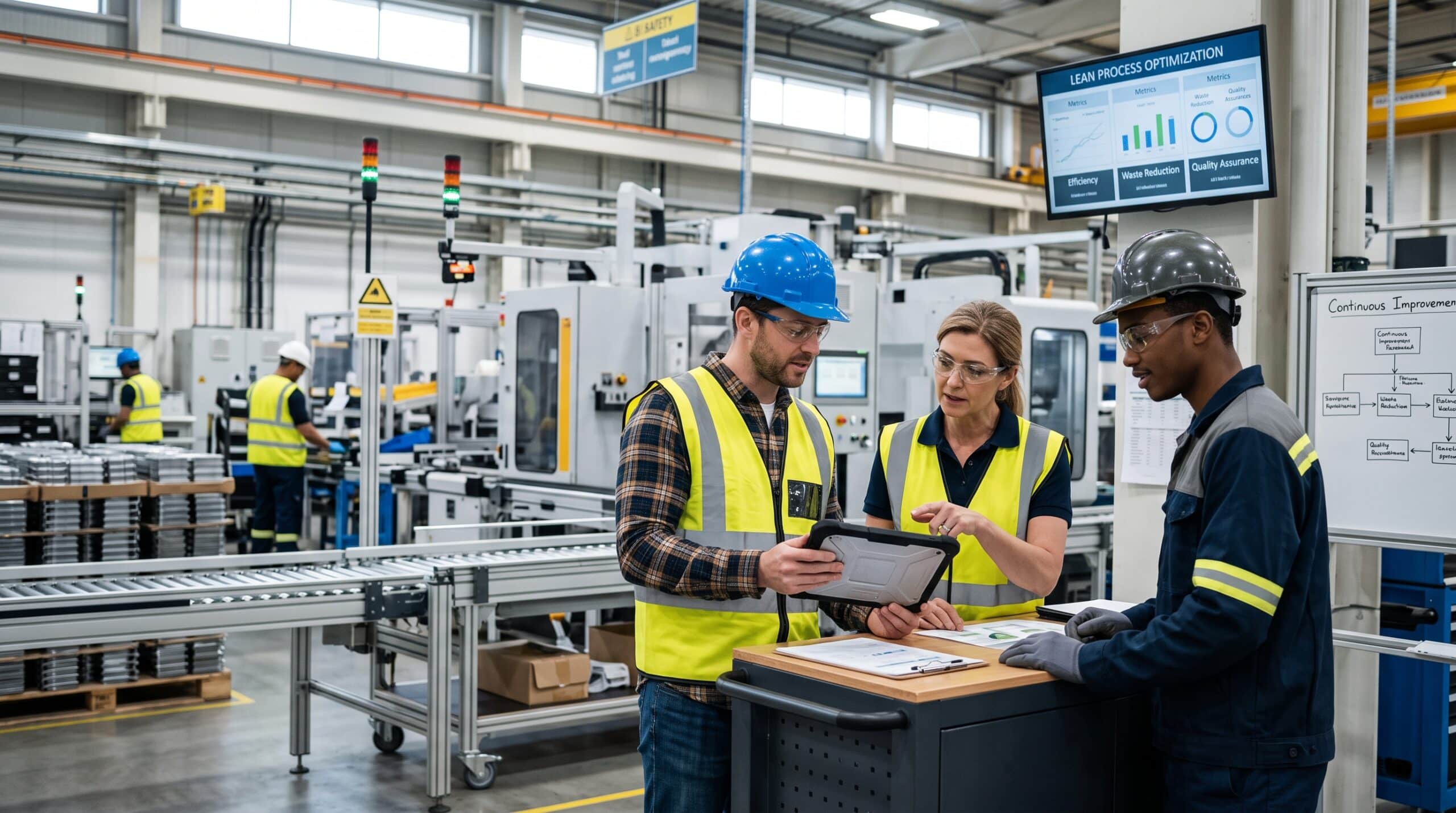 Manufacturing team analyzing production processes for cost reduction and lean optimization