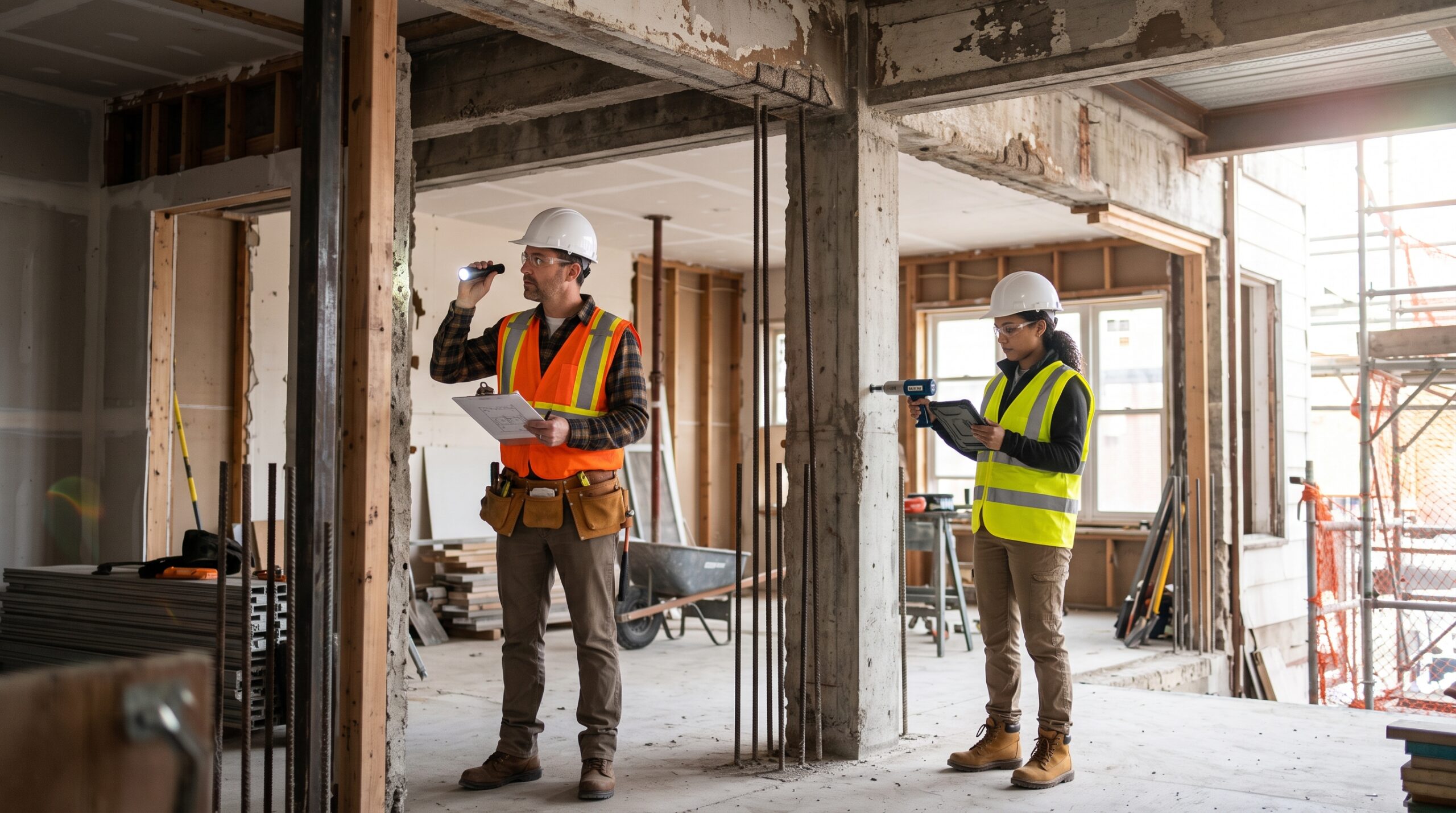 Structural engineers conducting a building inspection at a construction site