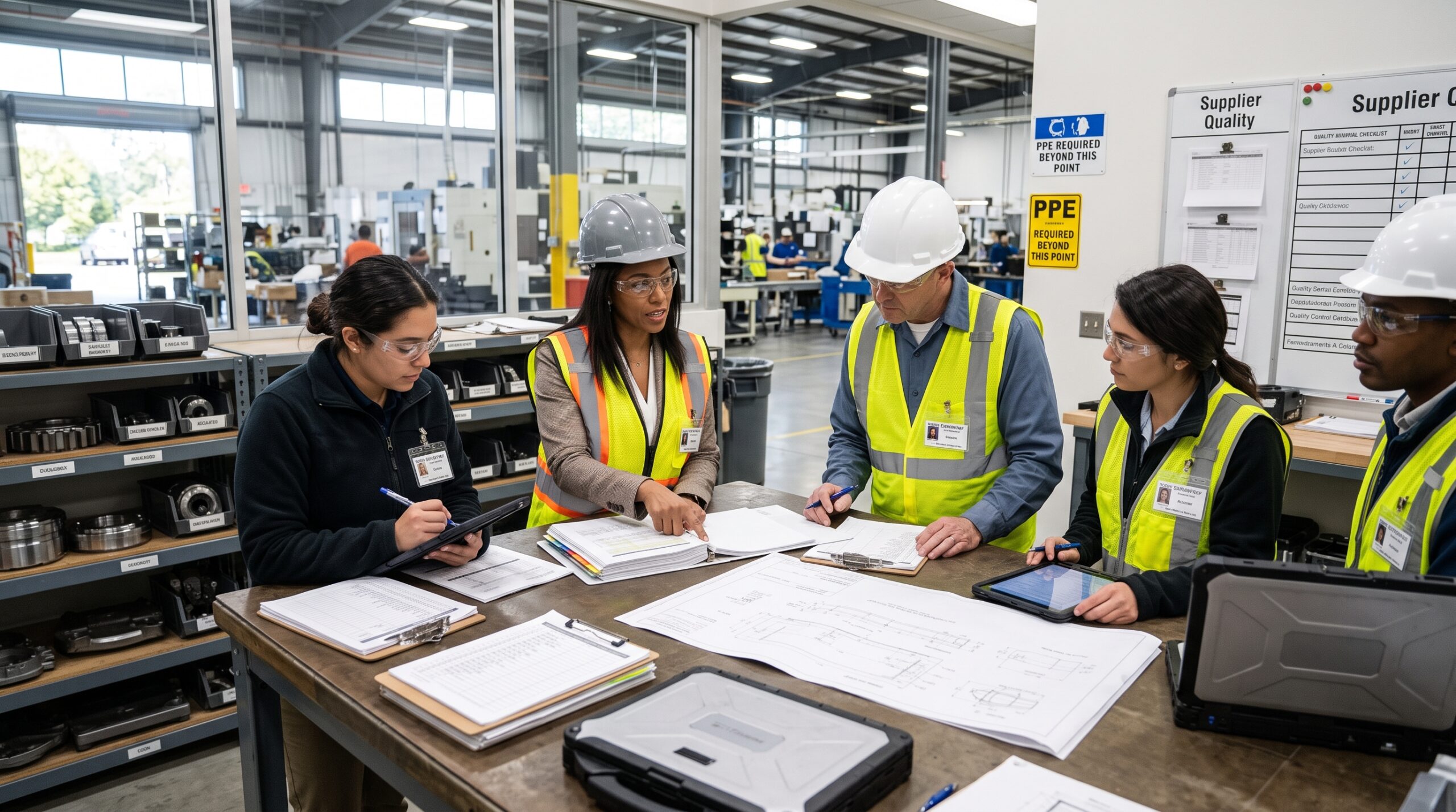 Manufacturing team reviewing supplier qualification documents and quality control requirements
